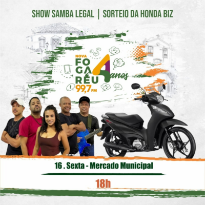 Rádio Nova Fogaréu sorteia Honda Biz zero-quilômetro nesta sexta-feira, com show do Samba Legal